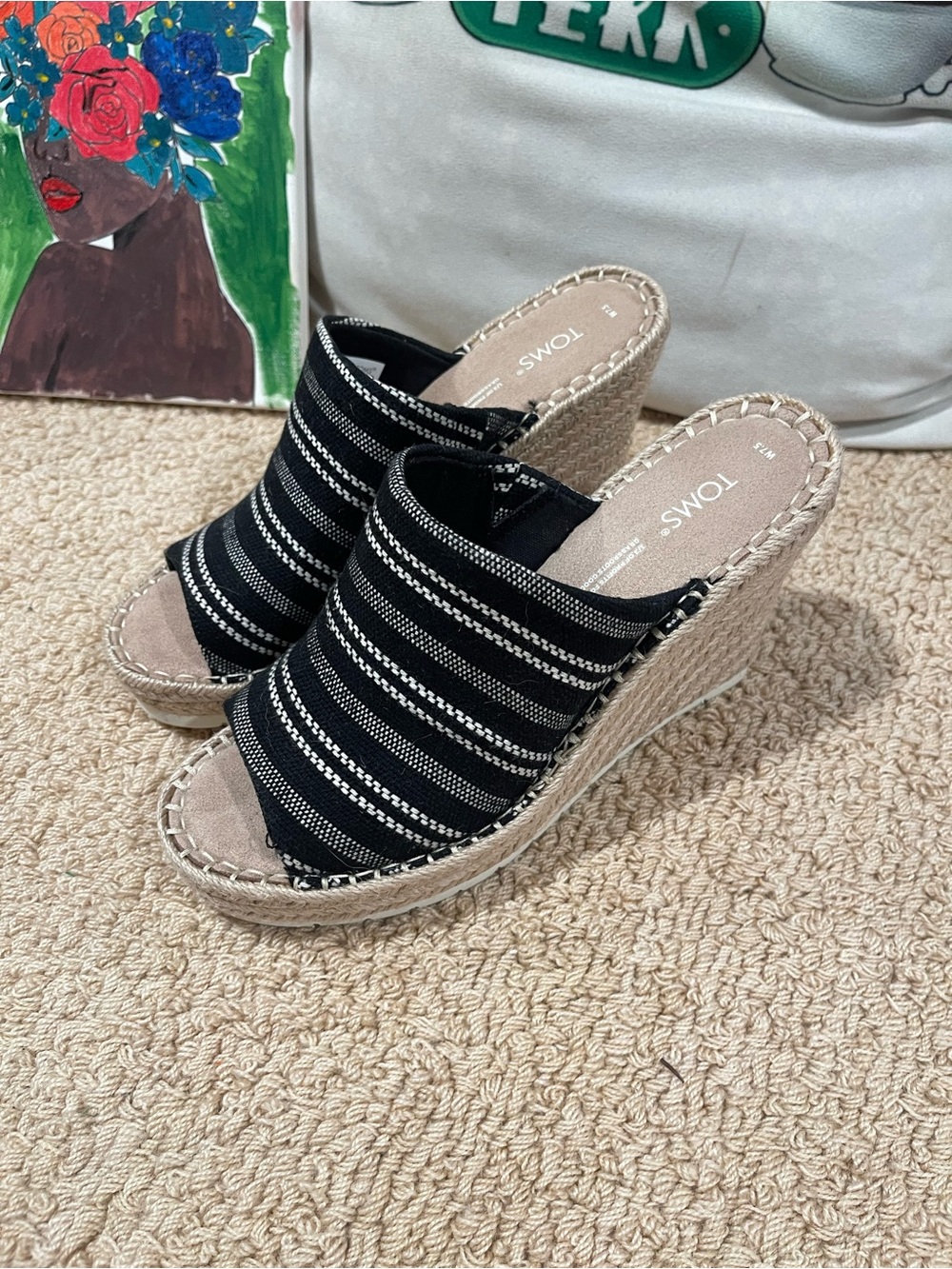 TOMS Black and White Striped Espadrille Wedge Mules